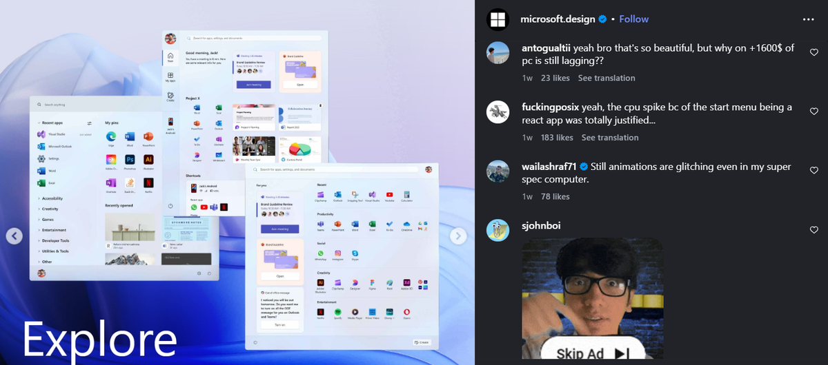 Команда дизайнеров Windows показала прототипы нового меню Пуск, но комментаторы сосредоточились на другом