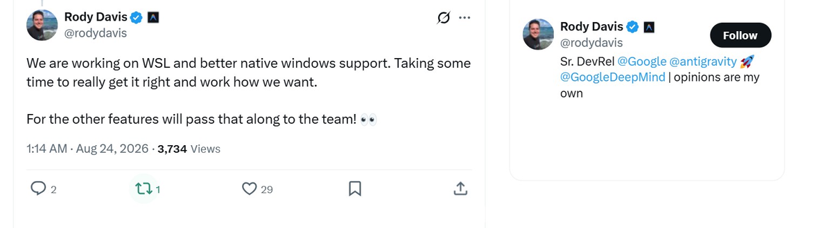 Google подтверждает поддержку WSL и нативной Windows для Antigravity.