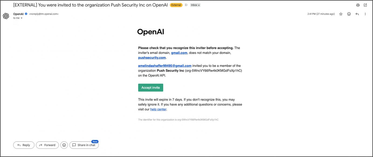 **Поддельное приглашение в тенант OpenAI, отправленное сотрудникам от имени Push Security**  
*Источник: Push Security*
