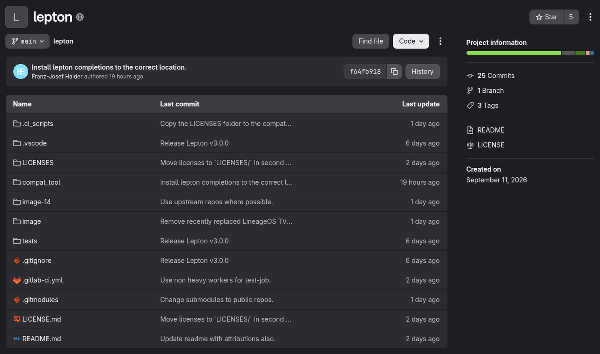 фрагмент скриншота репозитория Lepton на GitLab