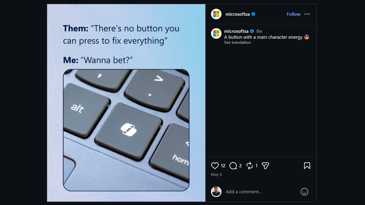 Пост Microsoft о клавише Copilot в Instagram