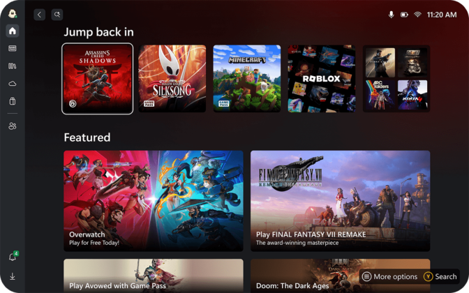Главная страница в режиме Xbox на MSI Claw 8 EX AI+ (Источник: MSI)