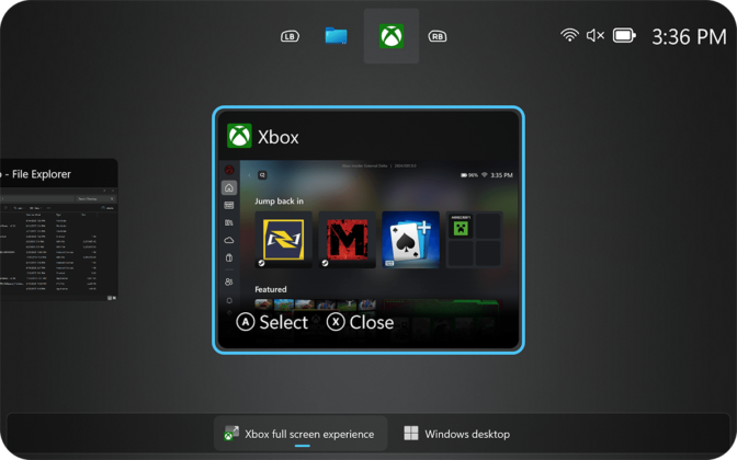 Переключатель задач в режиме Xbox на MSI Claw 8 EX AI+ (Источник: MSI)