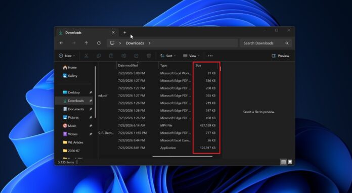 Размеры файлов проводника в Windows 11
