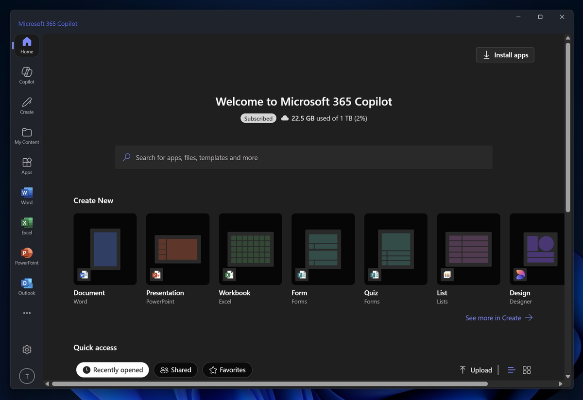 Домашняя вкладка Microsoft 365 Copilot