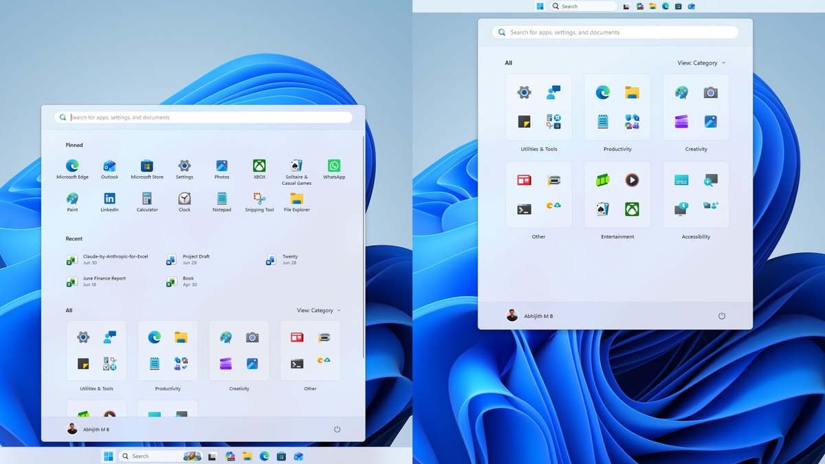 Меню "Пуск" в верхнем положении и уменьшенная панель задач в Windows 11