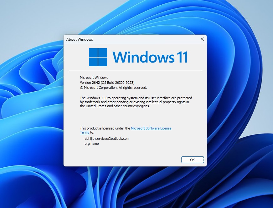 Windows версии 26H2 сборка 26300.9278.