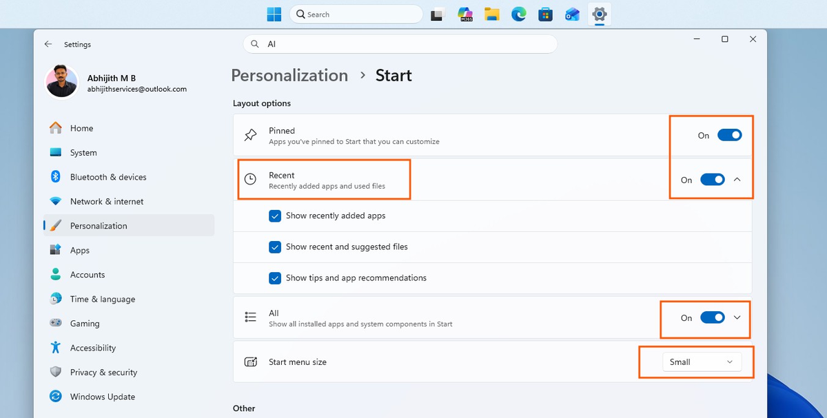 Настройки меню "Пуск" в Windows 11.