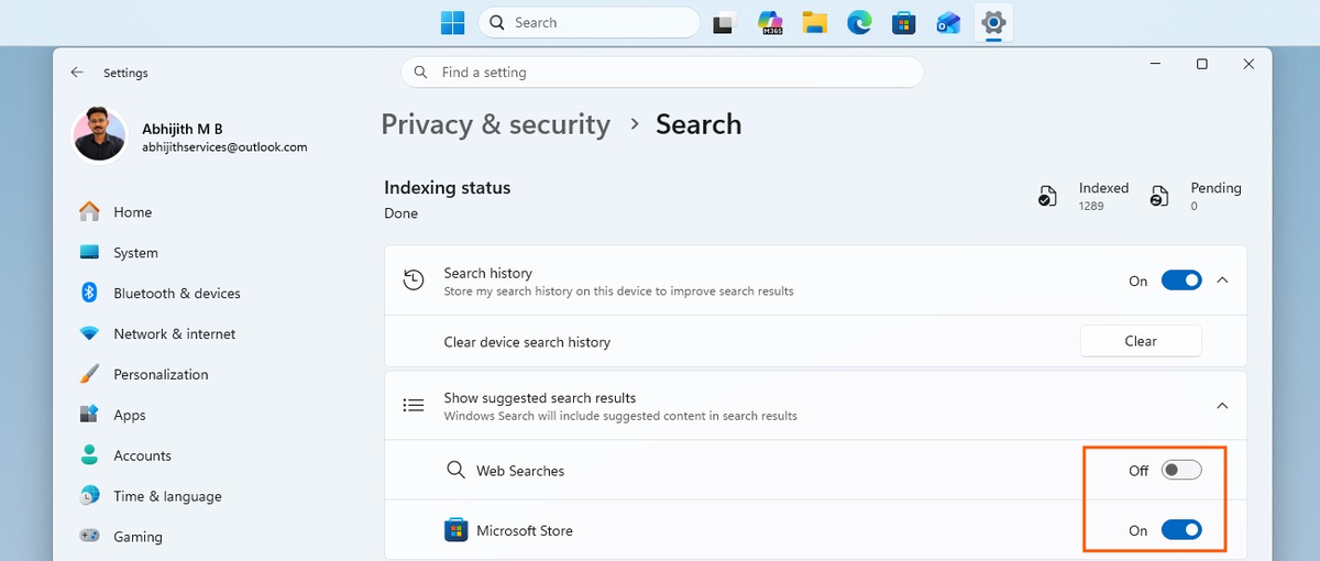 Возможность отключить веб-поиск в Windows 11.