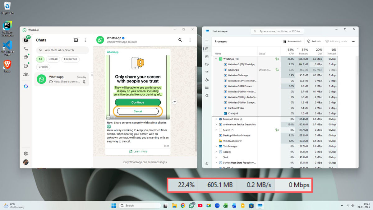 Последняя версия WhatsApp использует 600 МБ ОЗУ на ПК с 8 ГБ ОЗУ, даже когда ничего не делает.