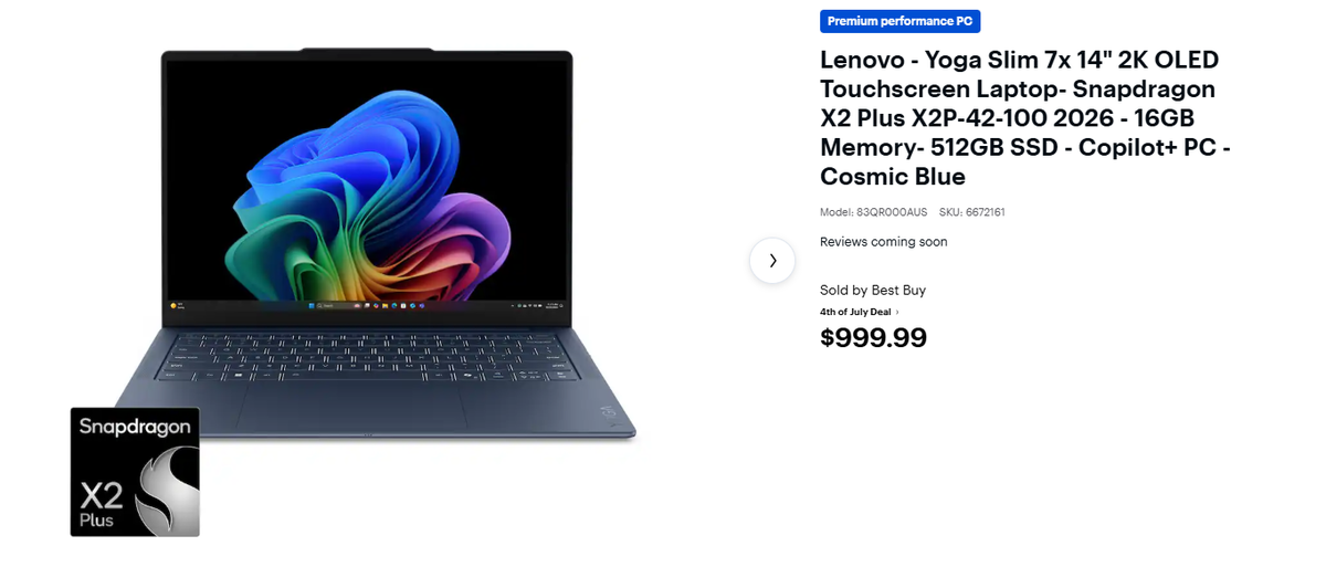 Lenovo Yoga Slim 7x с Snapdragon X2 Plus за $999