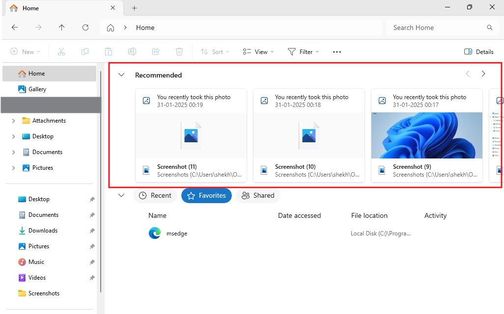 Раздел "Рекомендуемое" в Windows