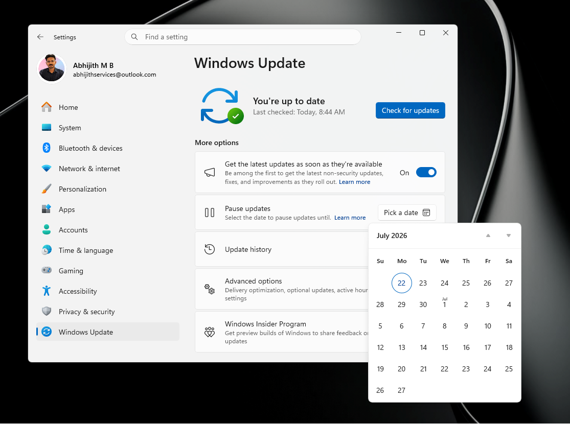 Календарь для приостановки обновлений в Windows 11