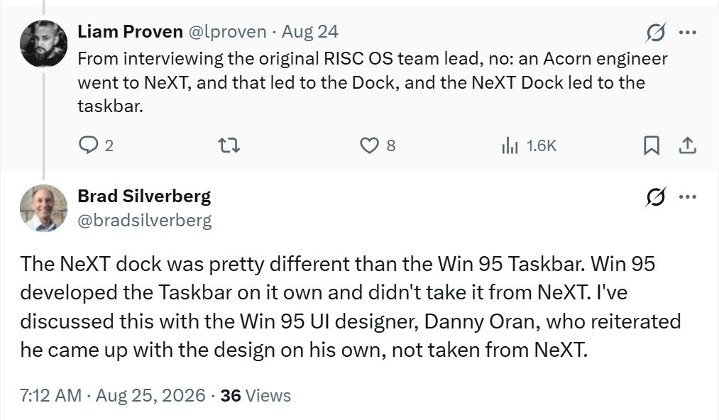 Брэд Сильверберг подтверждает, что панель задач Windows 95 не была взята из NeXT Dock.