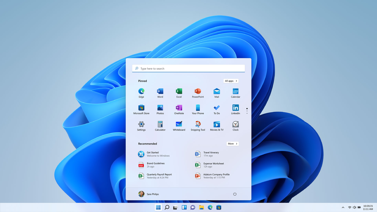 Оригинальное меню "Пуск" Windows 11 в 2021 году. Источник: Microsoft