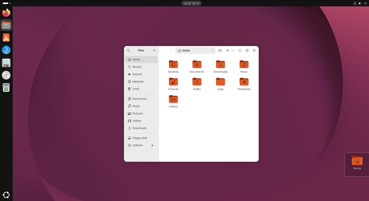 Linux Ubuntu с открытым файловым менеджером
