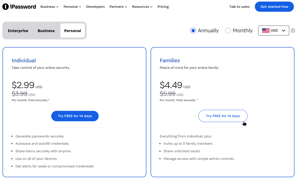 Как 1Password сейчас представляет персональные тарифы новым пользователям.