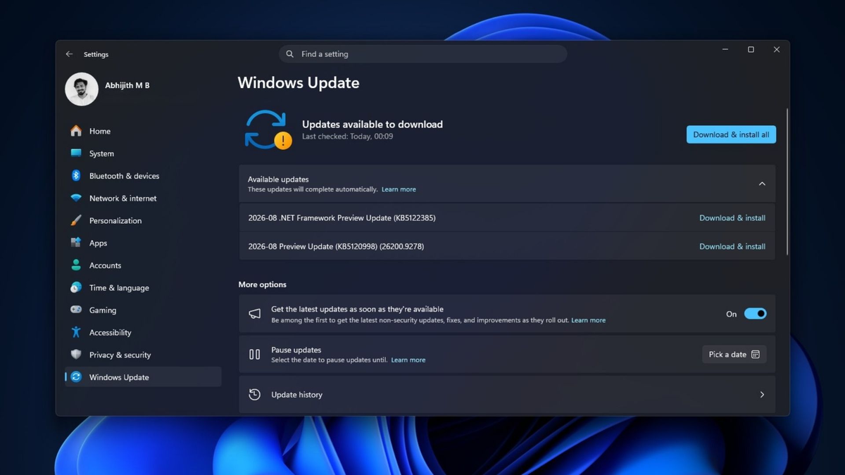 Windows 11 показывает все обновления в разделе "Доступные обновления" для одного перезапуска.