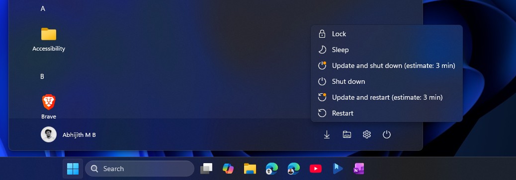 Новые параметры обновления и выключения в Windows 11.