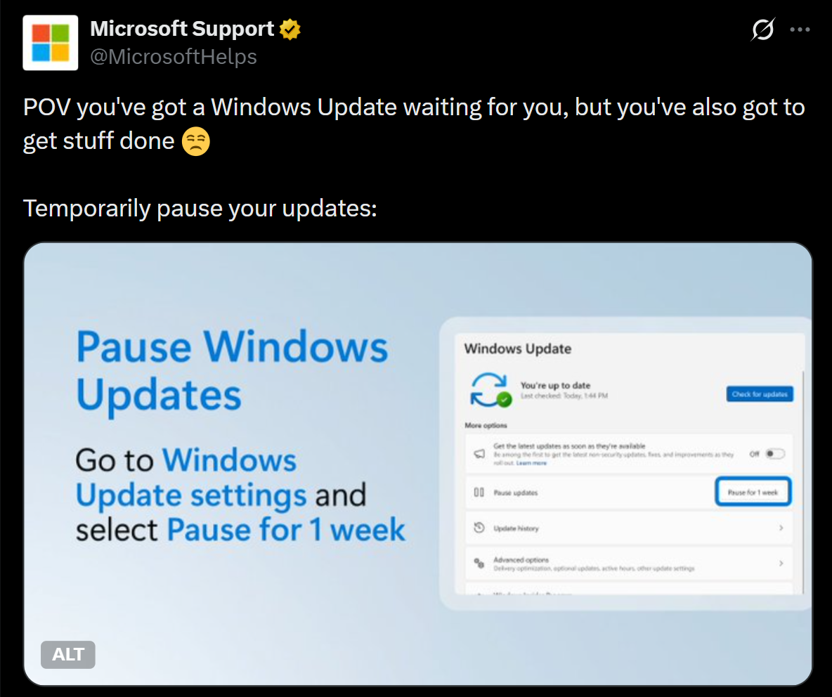 Microsoft напоминает, что обновления можно приостановить.