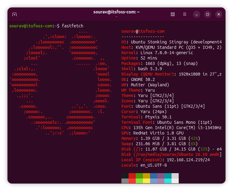 вывод fastfetch сборки Ubuntu 26.10 для разработки в окне терминала