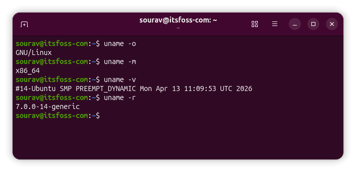 окно терминала с выводом различных команд uname на сборочной версии Ubuntu 26.10 для разработки