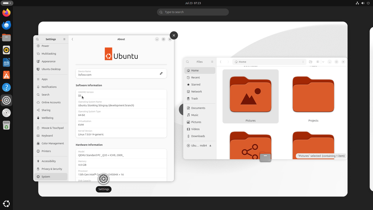 ранняя сборка GNOME 51 на версии Ubuntu 26.10 для разработки, показаны приложения «Настройки» и файловый менеджер