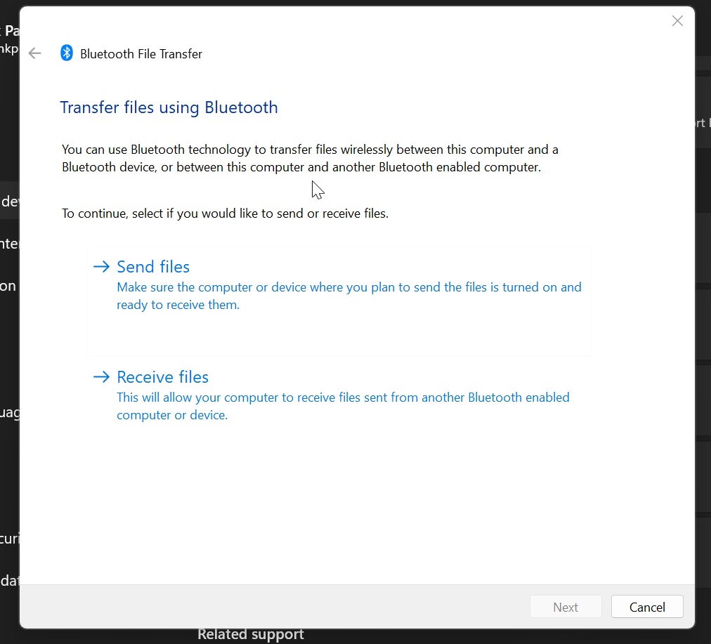 Диалог Bluetooth в Windows 11