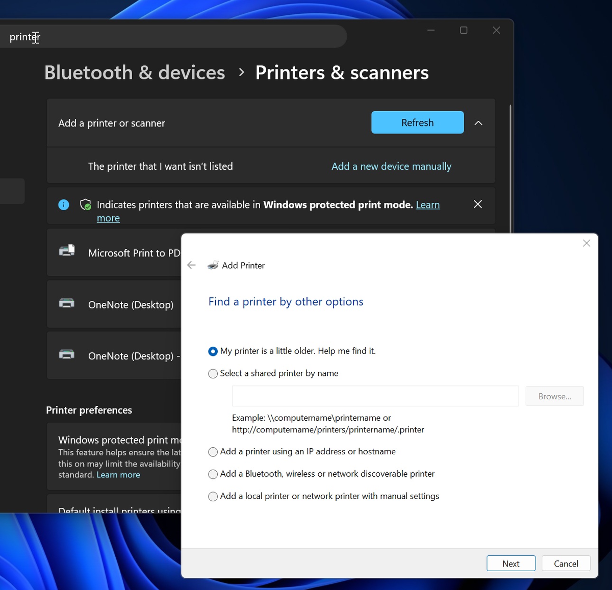 Диалог добавления принтера в Windows 11