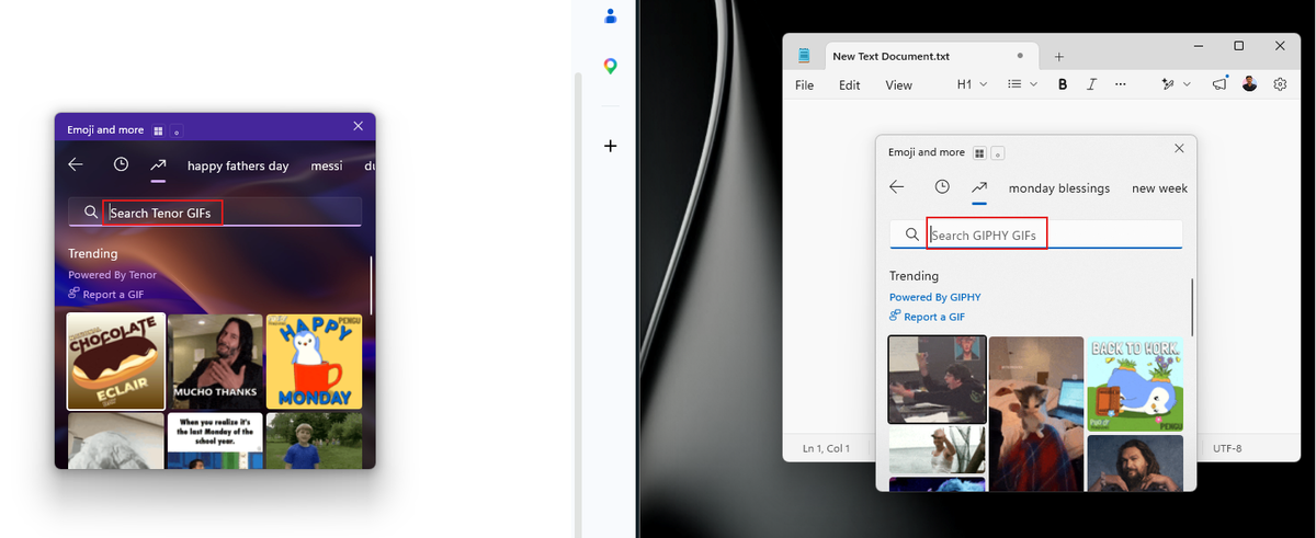 Выбор эмодзи в Windows 11 меняет поставщика GIF с Tenor на GIPHY