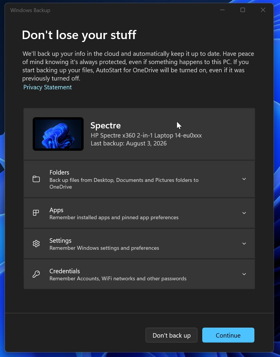 Приложение Windows Backup
