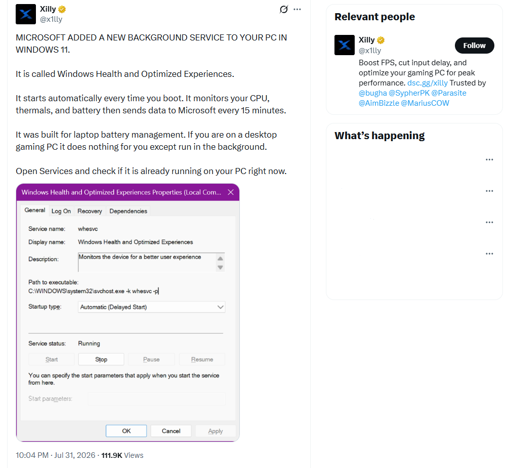 Пост аккаунта Xilly о новой фоновой службе Microsoft