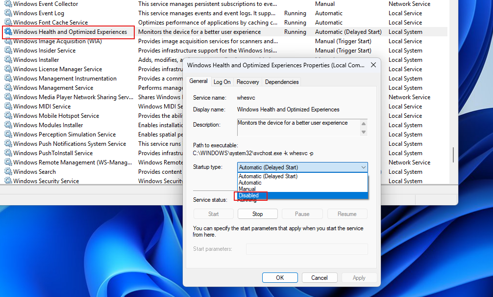 Как отключить службу Windows Health and Optimized Experiences