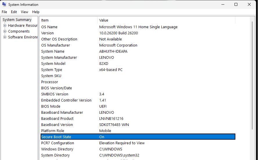 System Information showing Secure Boot is active