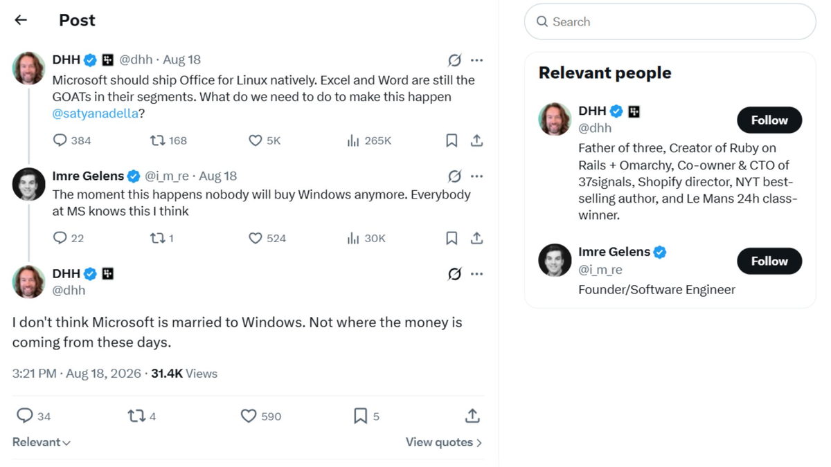 DHH хочет, чтобы Microsoft выпустила Office для Linux