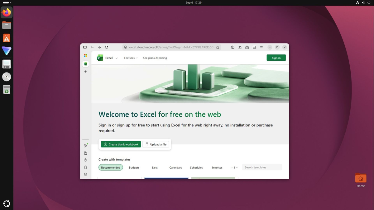 Веб-версия Excel в Ubuntu Linux.