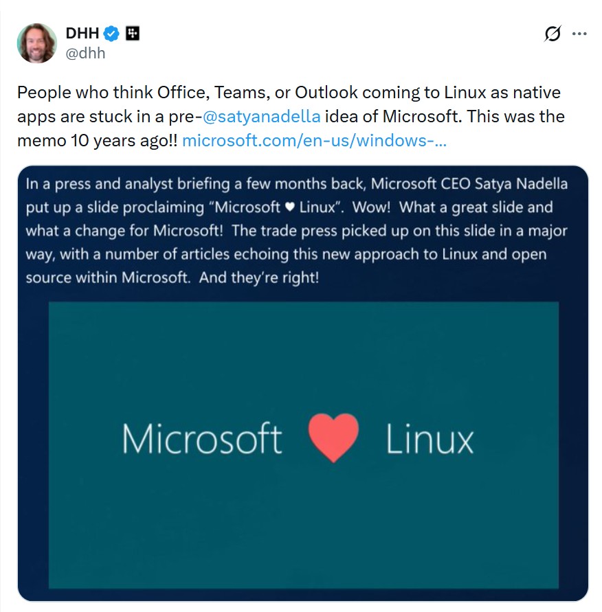 DHH знает, что Microsoft не планирует выпускать нативные приложения Office для Linux