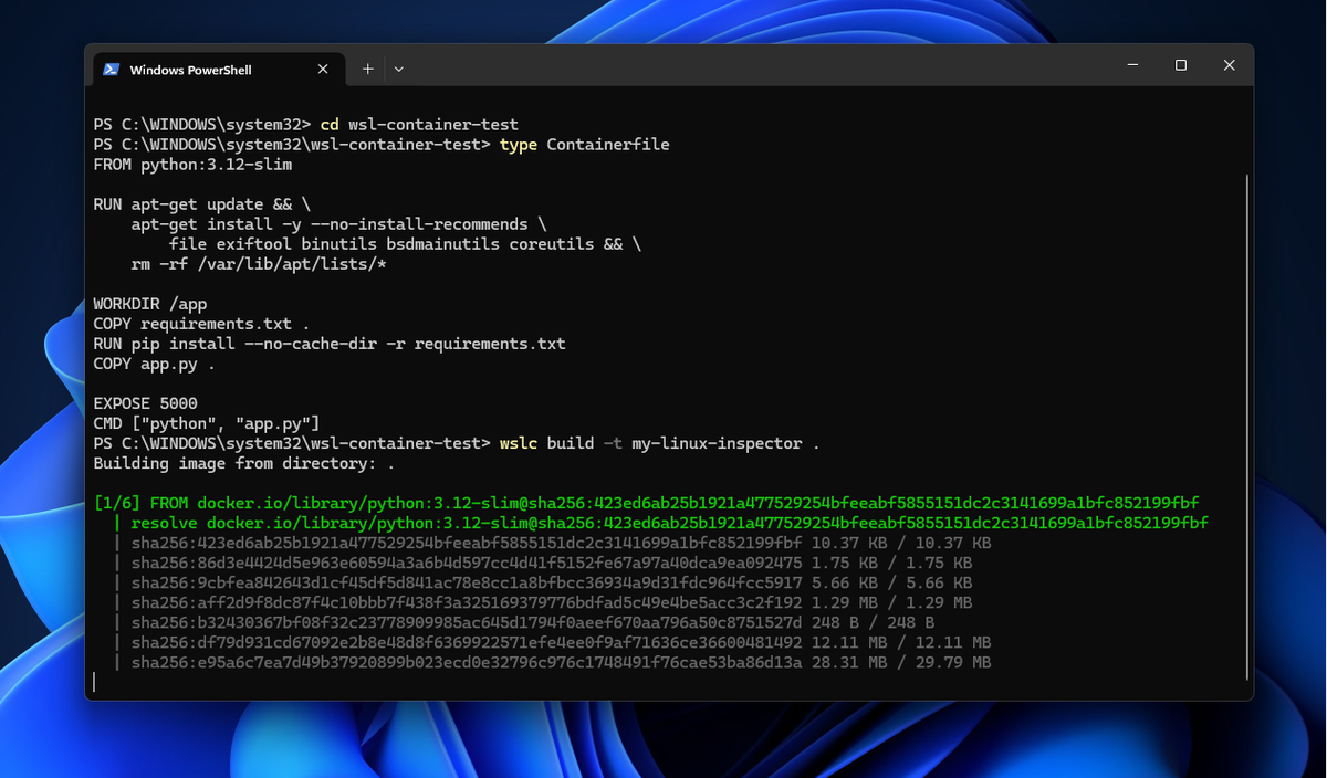Создание пользовательского образа с помощью wslc build
