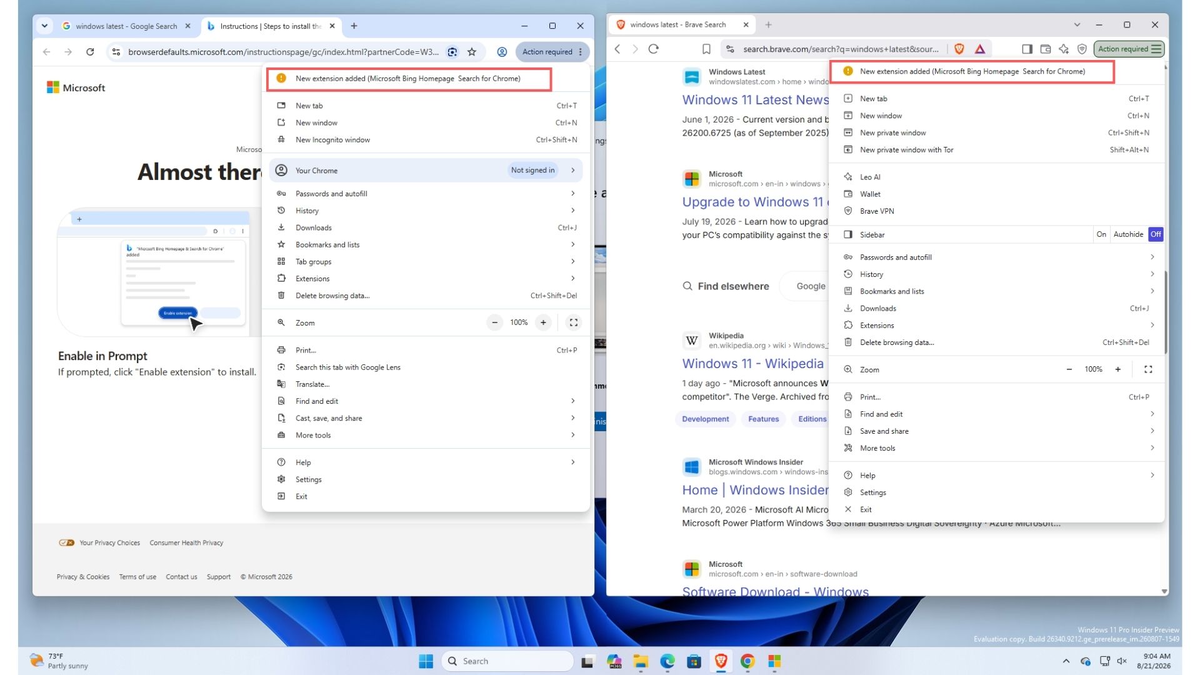 Запрос на установку расширений, которые делают Microsoft Bing Homepage Search поисковой системой по умолчанию в Chrome и Brave.
