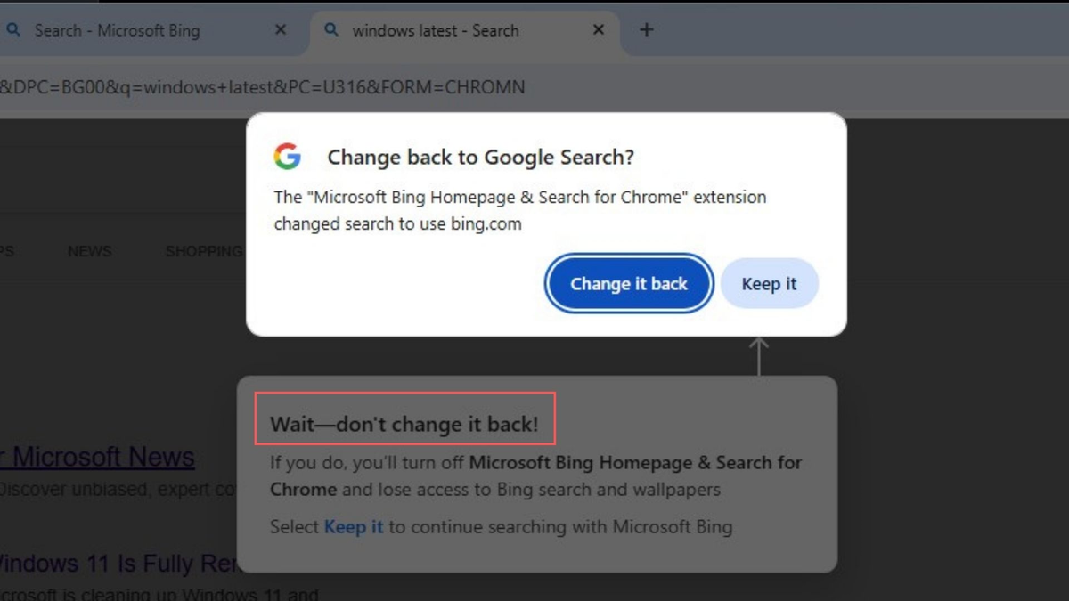 Отчаянное окно Microsoft под предупреждением Chrome подталкивает пользователей продолжать использовать Bing.