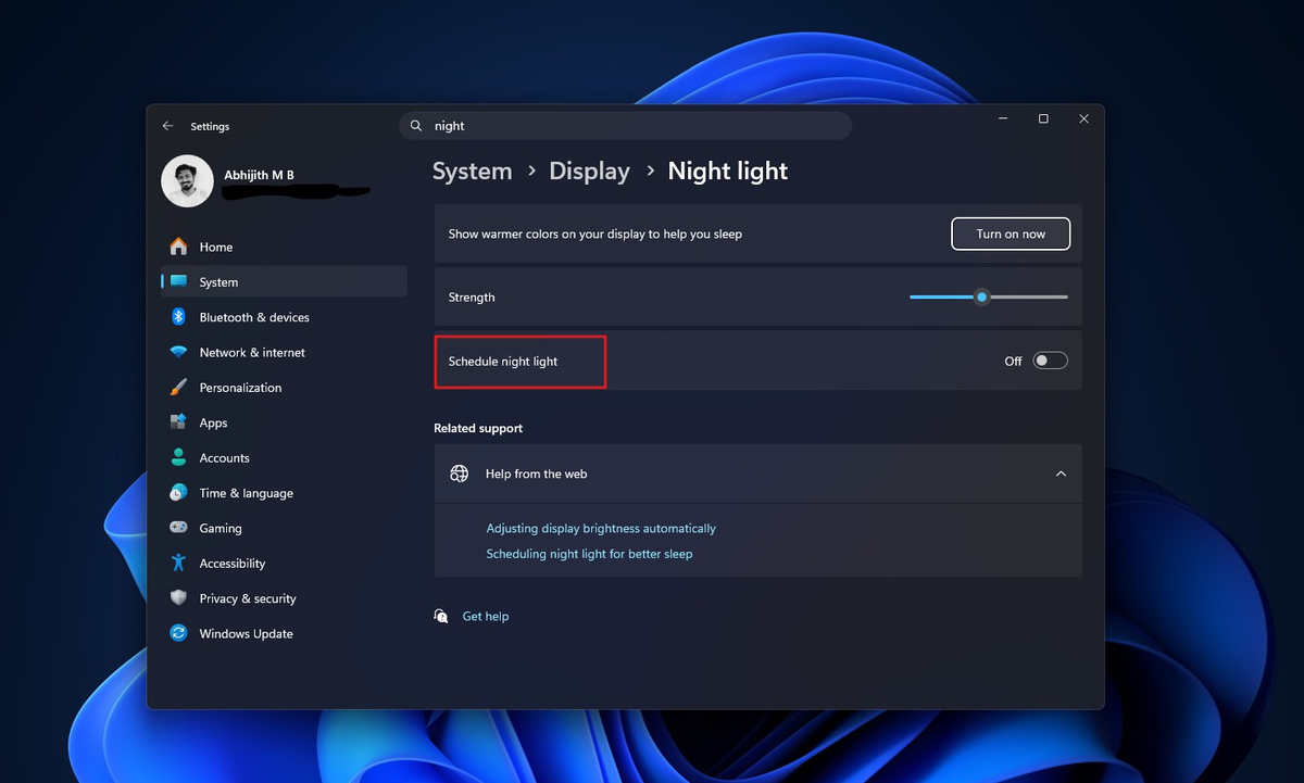Параметр расписания Night light в Windows 11.