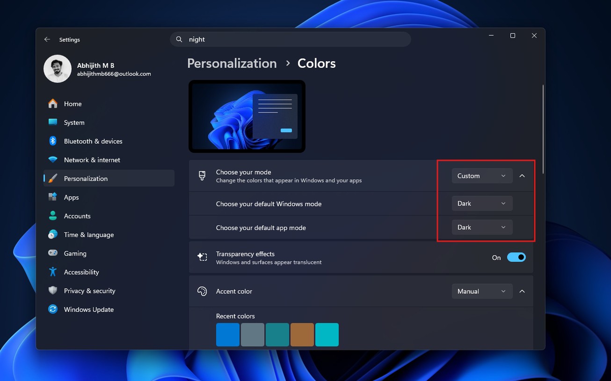 Настройка тёмной темы в Windows 11.
