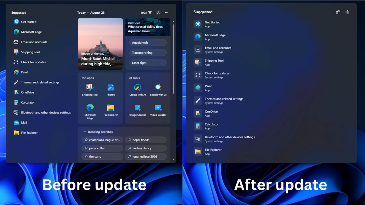 Поиск Windows до и после обновления. 