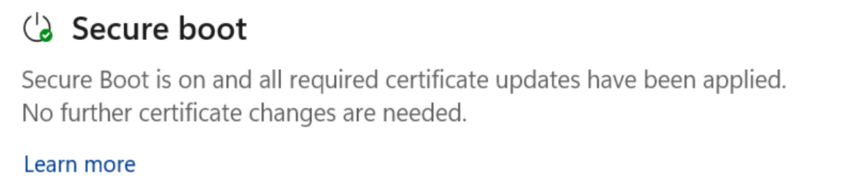 Раздел Secure Boot со статусом "полностью обновлено" и зелёной галочкой.