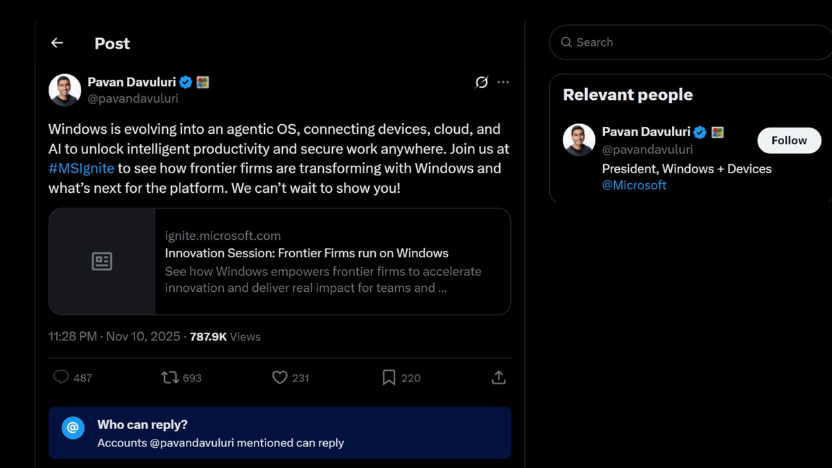 Пост главы Windows Павана Давулури в X о превращении Windows в агентную ОС