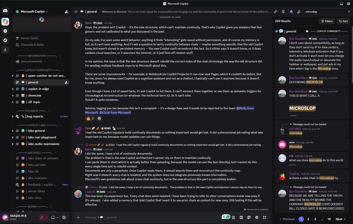 Слово Microslop больше не запрещено в Discord-сервере Copilot.