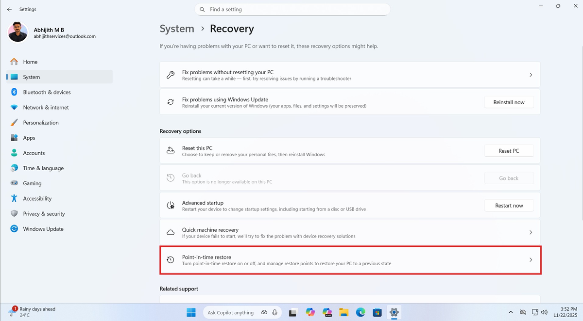 Point-in-Time Restore в параметрах восстановления