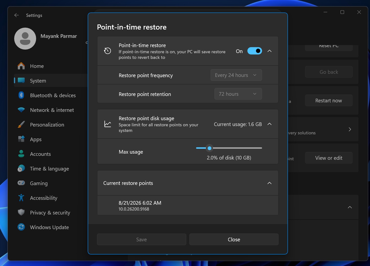 Включение Point-in-Time Restore в Windows 11