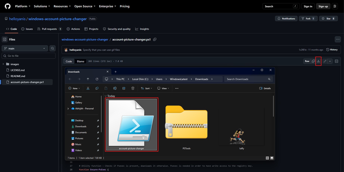 Скачивание PowerShell-скрипта для смены изображения профиля в Windows 11