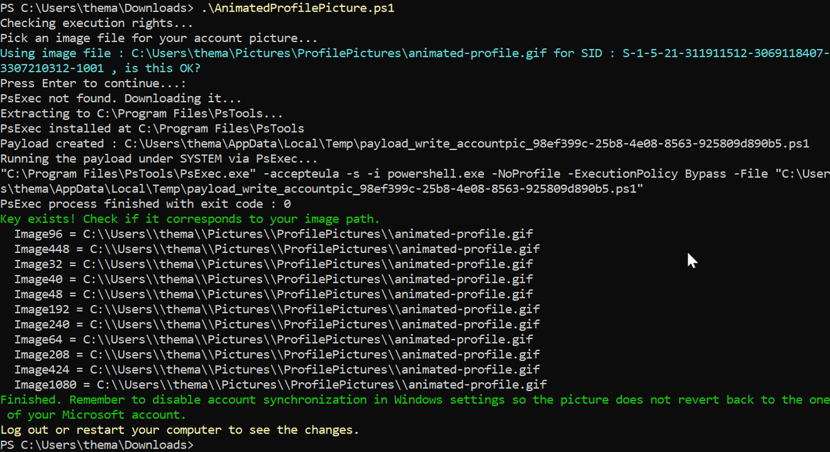 PowerShell-скрипт включает анимированное изображение профиля.